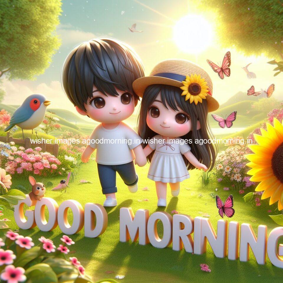 good morning couple images couple is walking in garden with all around flowers are placed with butterfly morning vibes ()