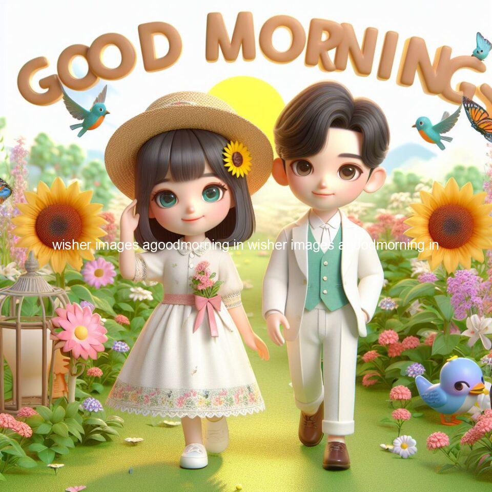 good morning couple images couple is walking in garden with all around flowers are placed with butterfly morning vibes ()