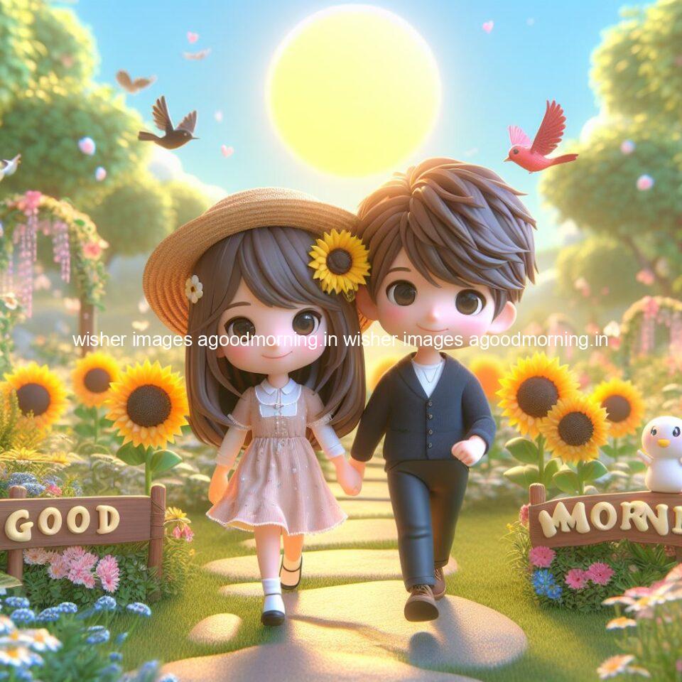 good morning couple images couple is walking in garden with all around flowers are placed with butterfly morning vibes ()