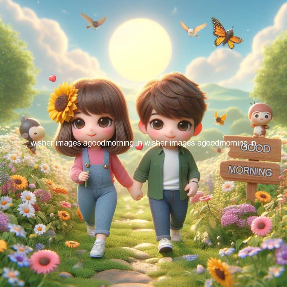 good morning couple images couple is walking in garden with all around flowers are placed with butterfly morning vibes ()