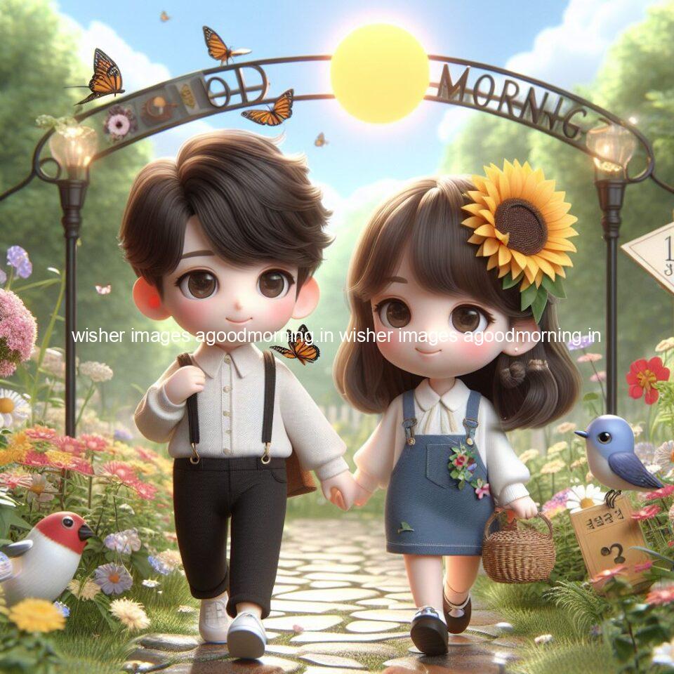 good morning couple images couple is walking in garden with all around flowers are placed with butterfly morning vibes ()