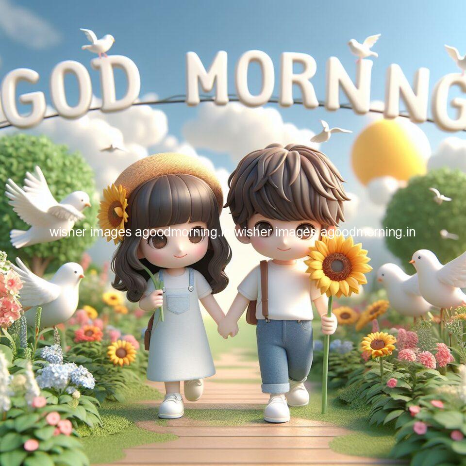 good morning couple images couple is walking in garden with all around flowers are placed with butterfly morning vibes ()