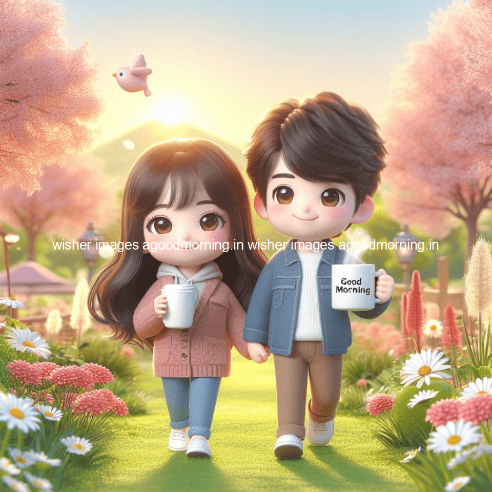 good morning couple images couple is walking in garden with all around flowers are placed with butterfly morning vibes ()