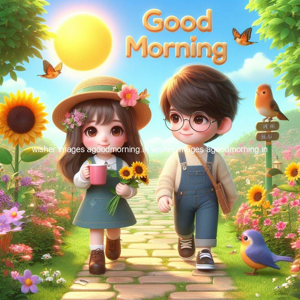 good morning couple images couple is walking in garden with all around flowers are placed with butterfly morning vibes ()