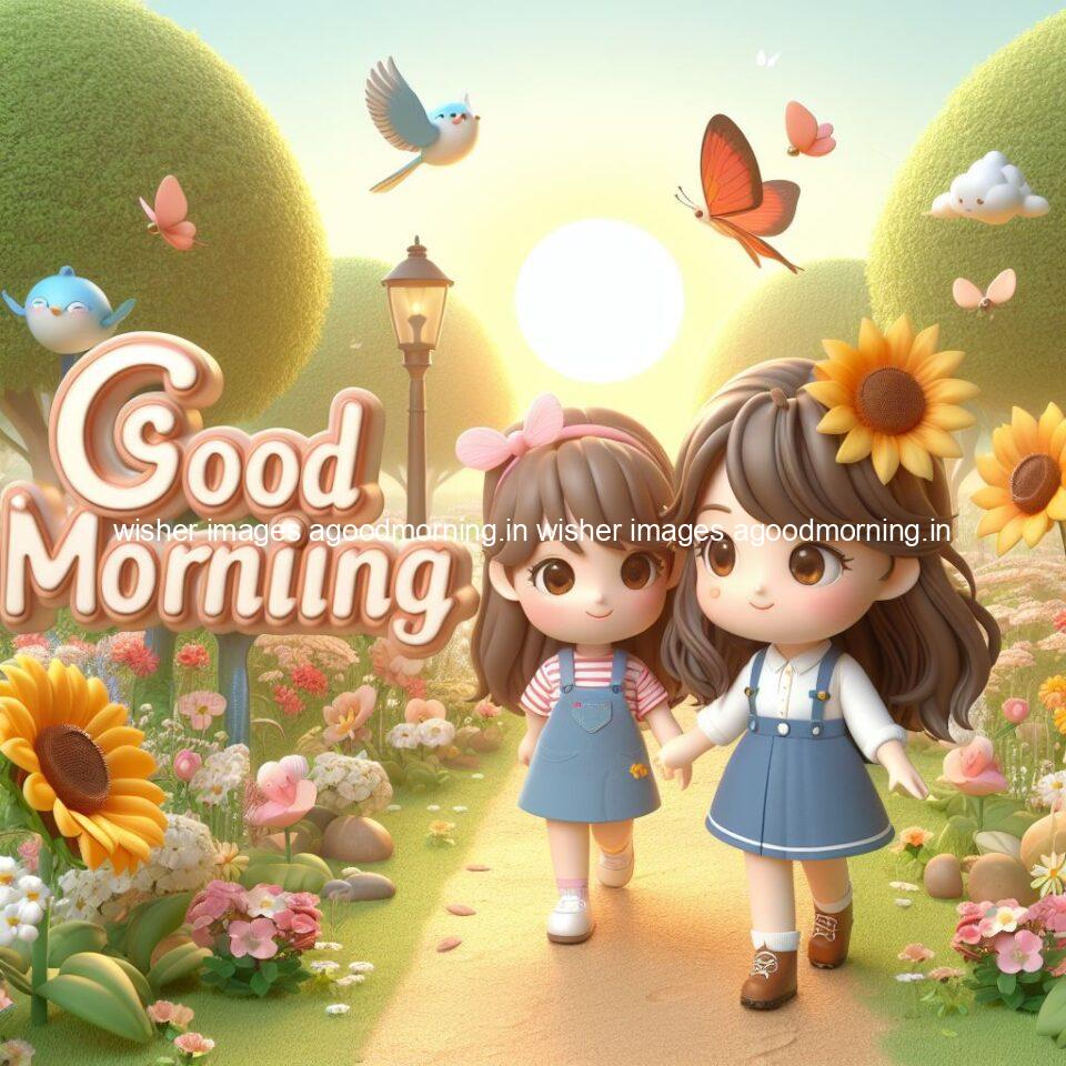 good morning couple images couple is walking in garden with all around flowers are placed with butterfly morning vibes ()