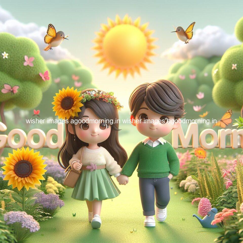 good morning couple images couple is walking in garden with all around flowers are placed with butterfly morning vibes ()