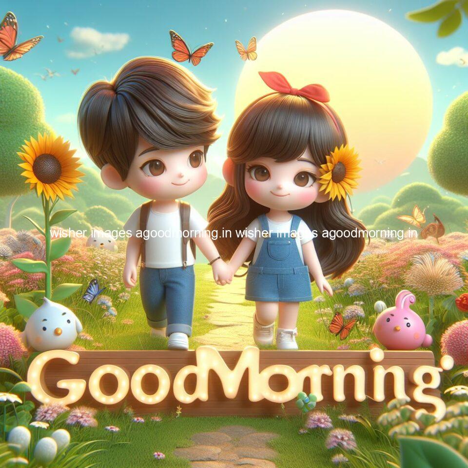 good morning couple images couple is walking in garden with all around flowers are placed with butterfly morning vibes ()