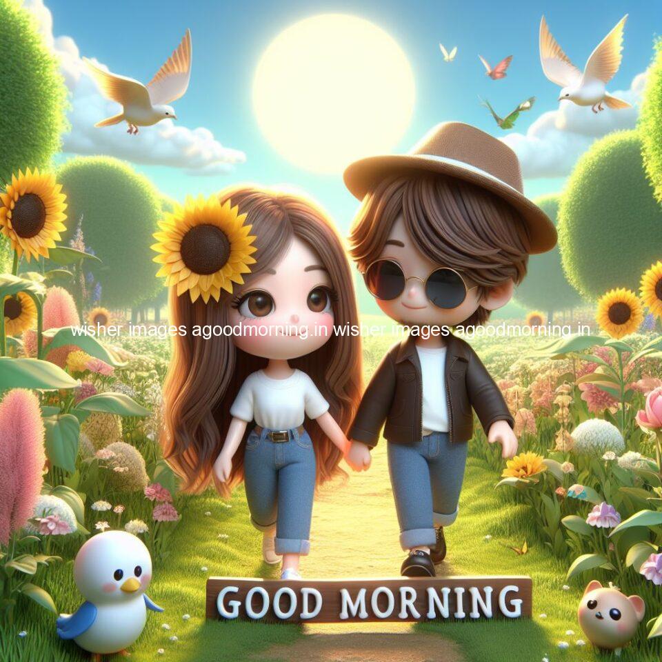 good morning couple images couple is walking in garden with all around flowers are placed with butterfly morning vibes ()