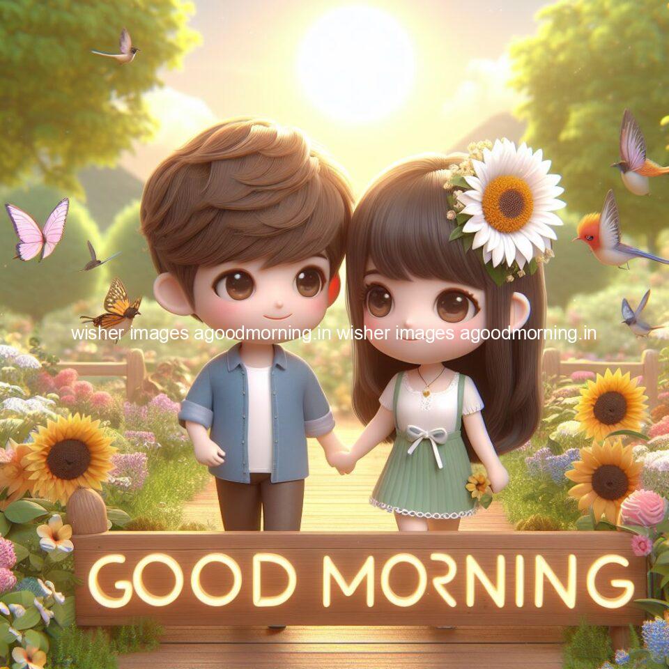 good morning couple images couple is walking in garden with all around flowers are placed with butterfly morning vibes ()