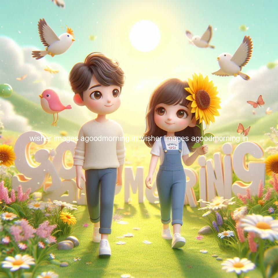 good morning couple images couple is walking in garden with all around flowers are placed with butterfly morning vibes ()