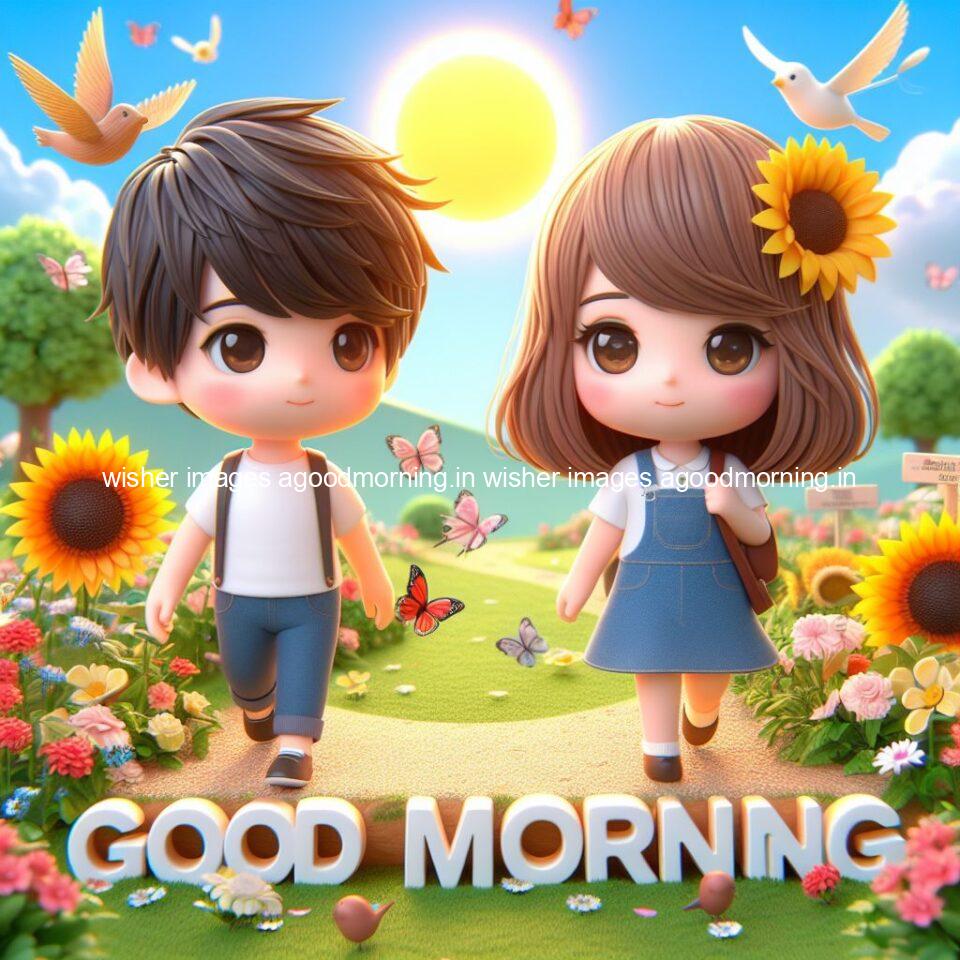 good morning couple images couple is walking in garden with all around flowers are placed with butterfly morning vibes ()