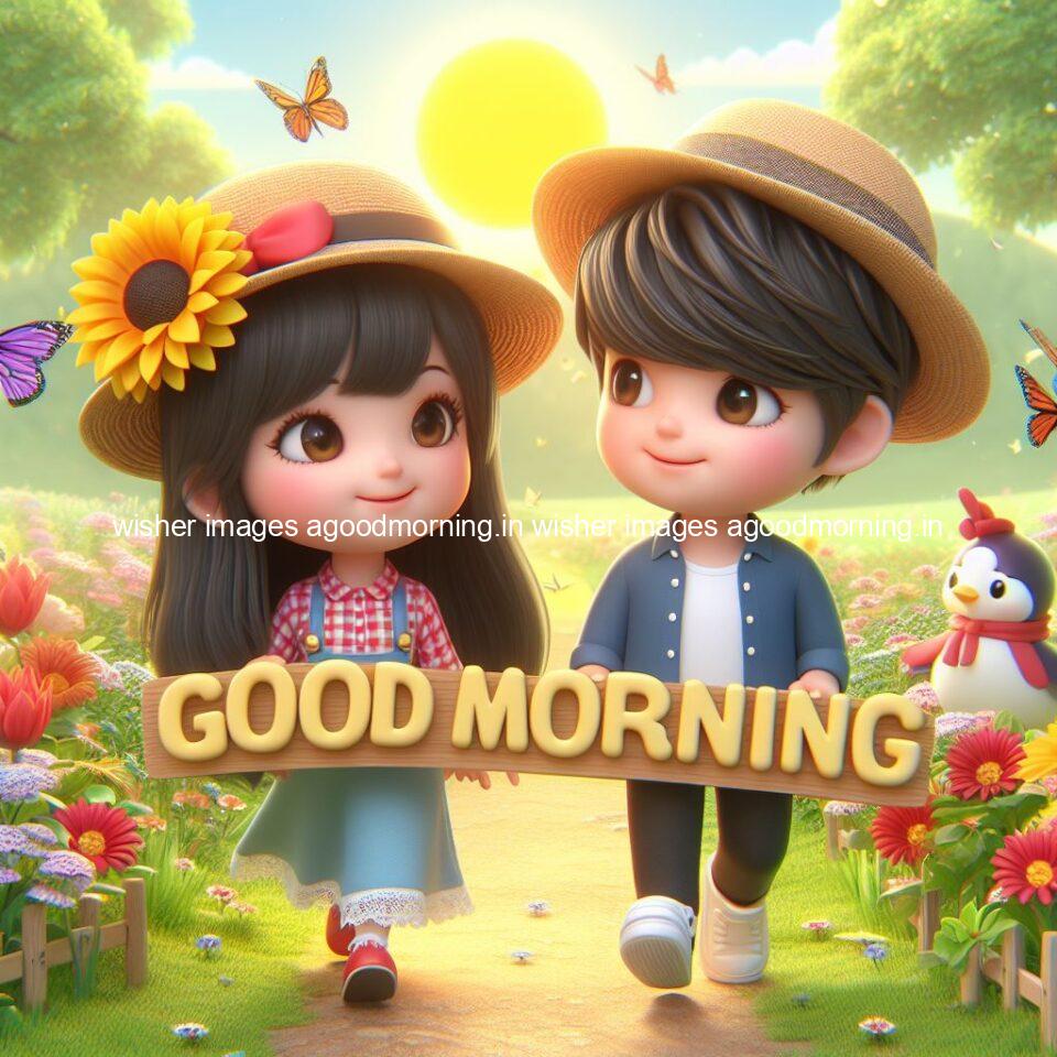 good morning couple images couple is walking in garden with all around flowers are placed with butterfly morning vibes ()