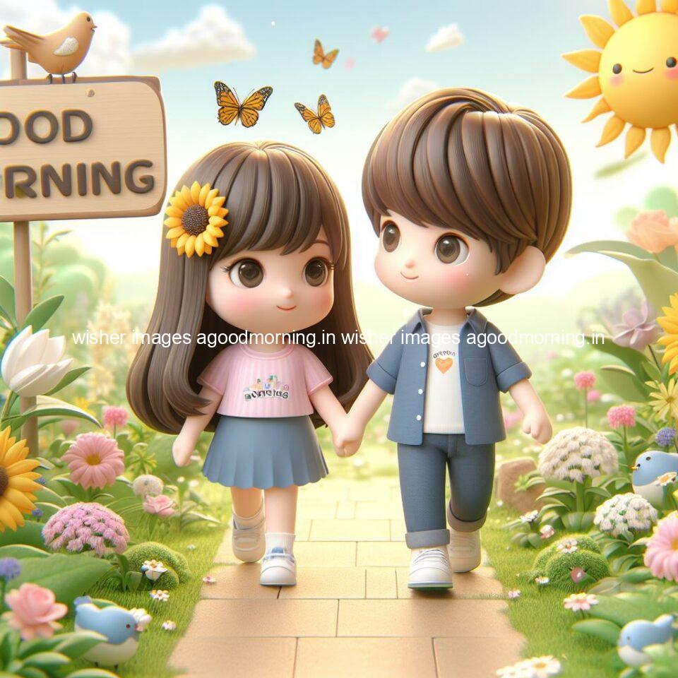 good morning couple images couple is walking in garden with all around flowers are placed with butterfly morning vibes ()