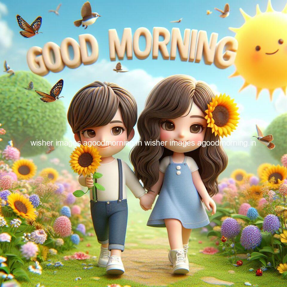 good morning couple images couple is walking in garden with all around flowers are placed with butterfly morning vibes ()