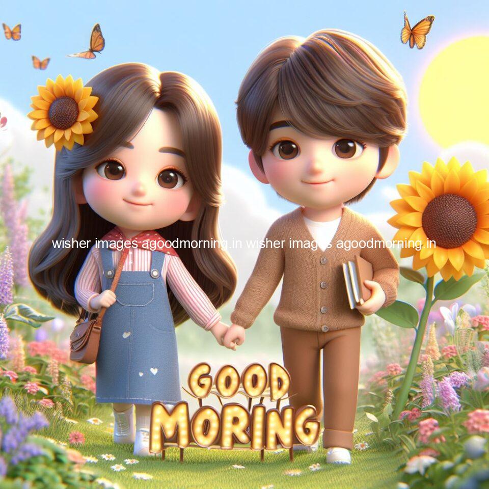 good morning couple images couple is walking in garden with all around flowers are placed with butterfly morning vibes ()