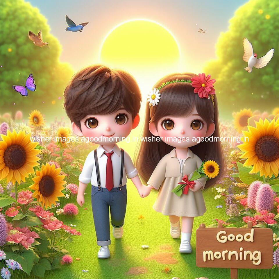 good morning couple images couple is walking in garden with all around flowers are placed with butterfly morning vibes ()