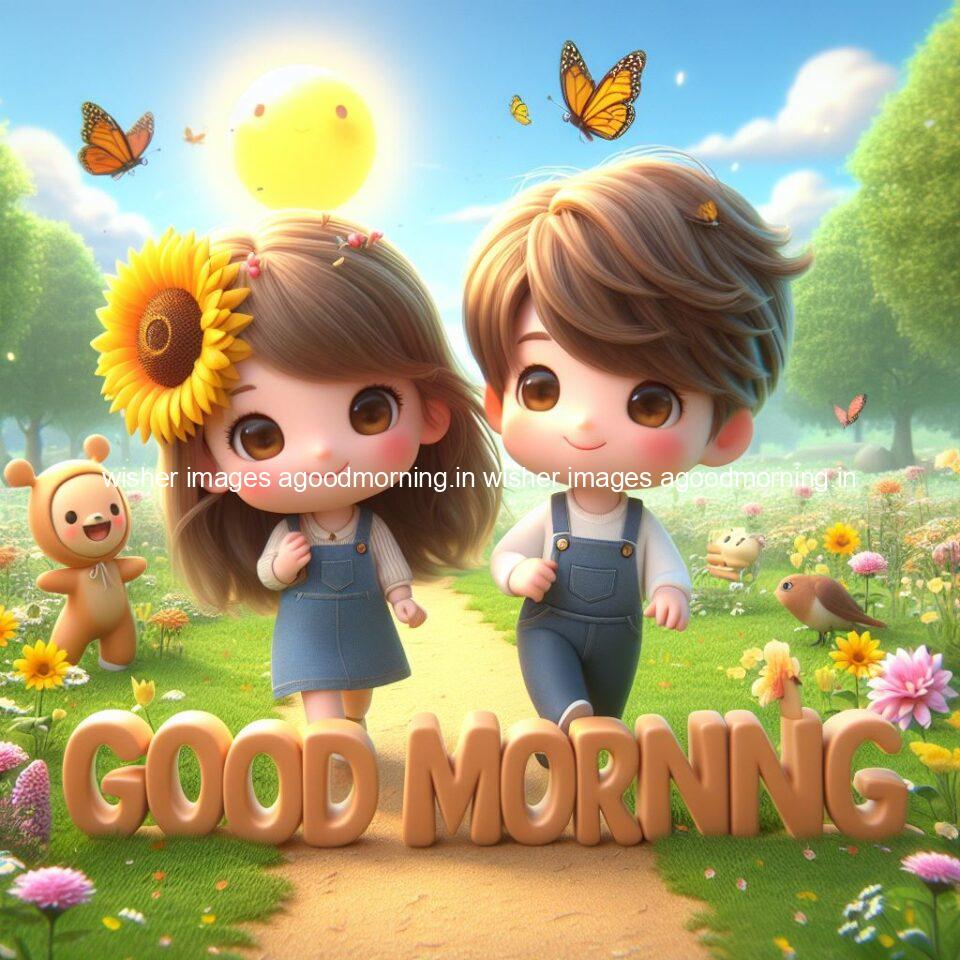 good morning couple images couple is walking in garden with all around flowers are placed with butterfly morning vibes ()