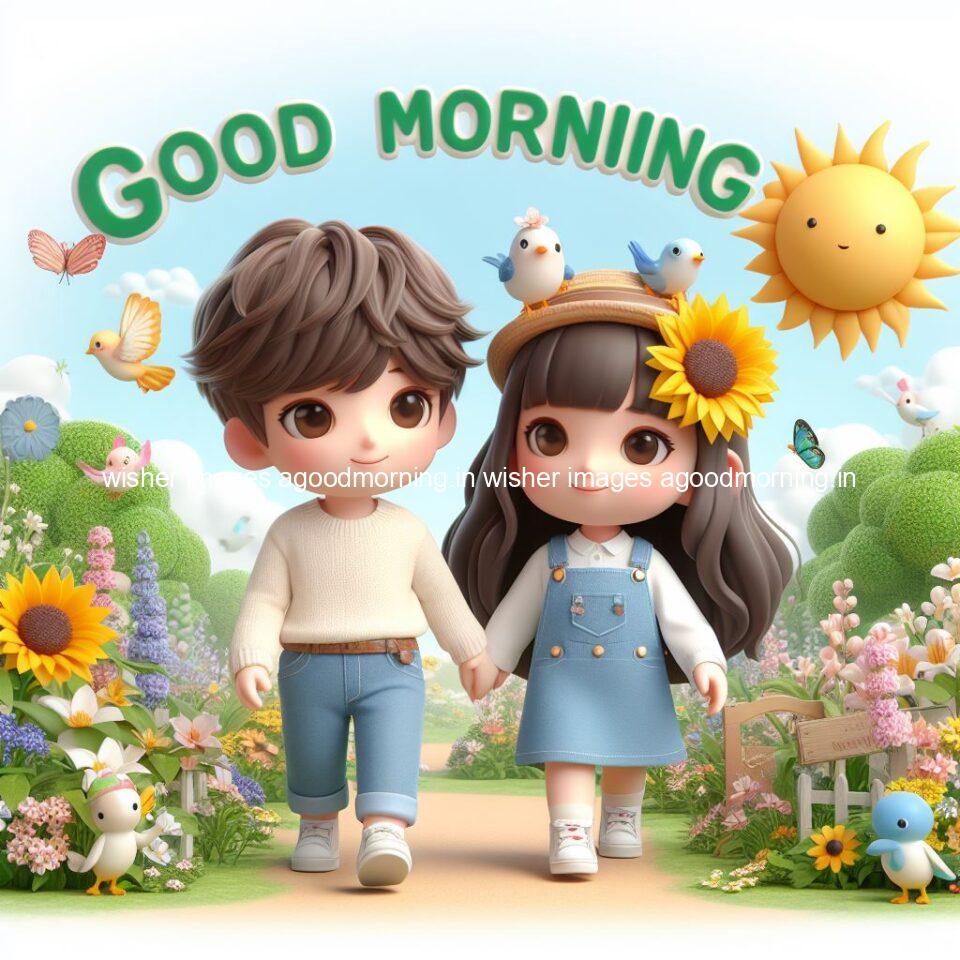 good morning couple images couple is walking in garden with all around flowers are placed with butterfly morning vibes ()