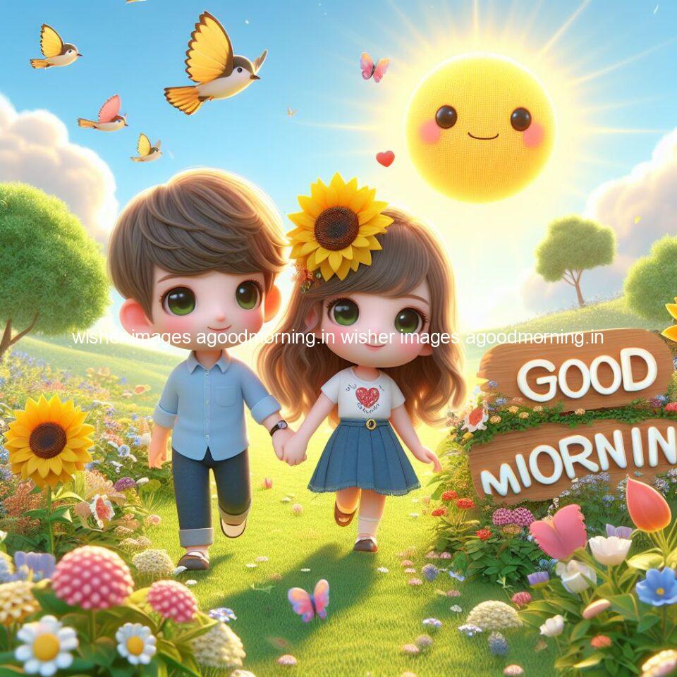 good morning couple images couple is walking in garden with all around flowers are placed with butterfly morning vibes ()