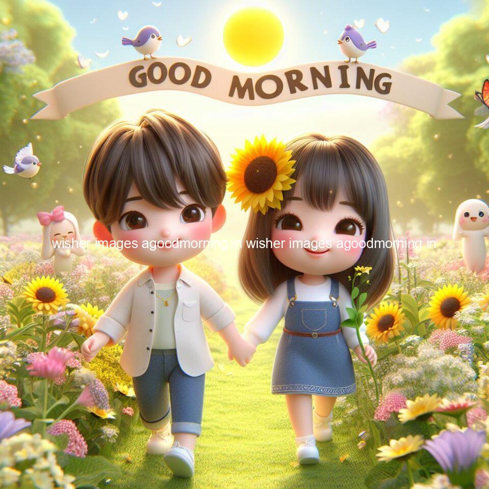 good morning couple images couple is walking in garden with all around flowers are placed with butterfly morning vibes ()