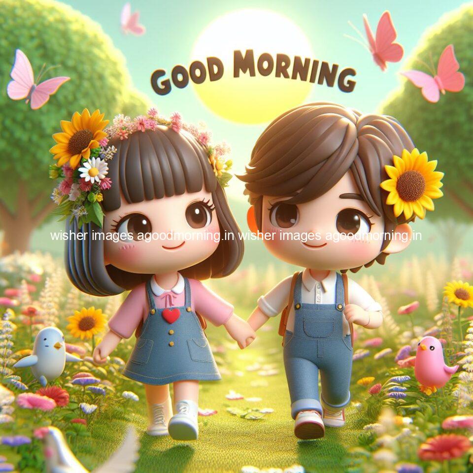 good morning couple images couple is walking in garden with all around flowers are placed with butterfly morning vibes ()