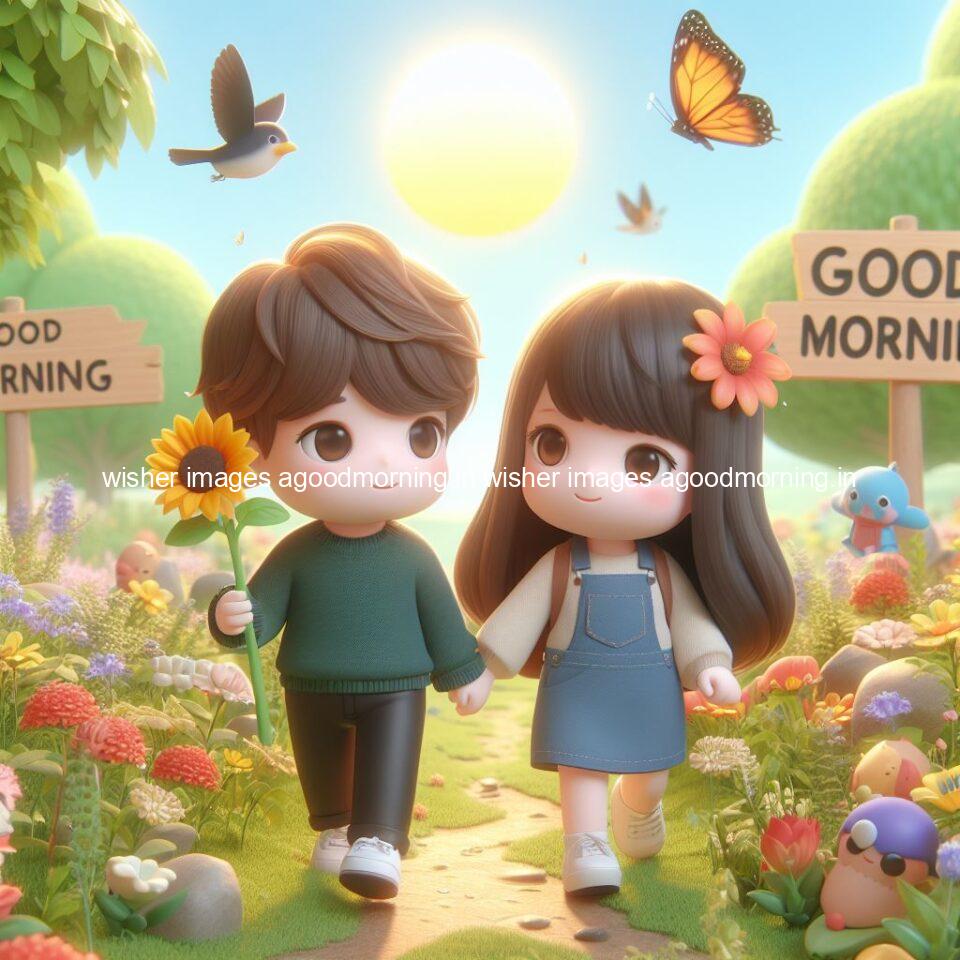 good morning couple images couple is walking in garden with all around flowers are placed with butterfly morning vibes ()