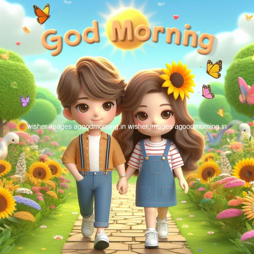 good morning couple images couple is walking in garden with all around flowers are placed with butterfly morning vibes ()