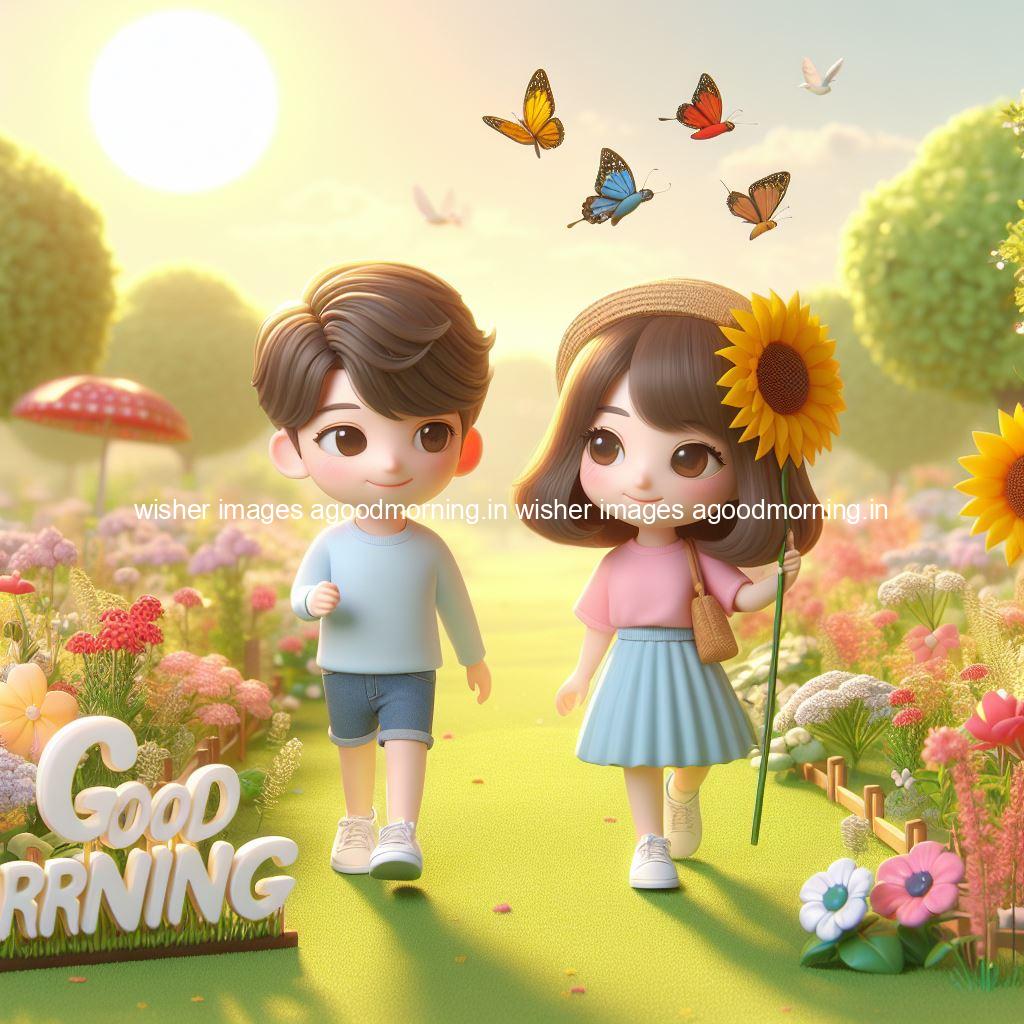 good morning couple images couple is walking in garden with all around flowers are placed with butterfly morning vibes ()