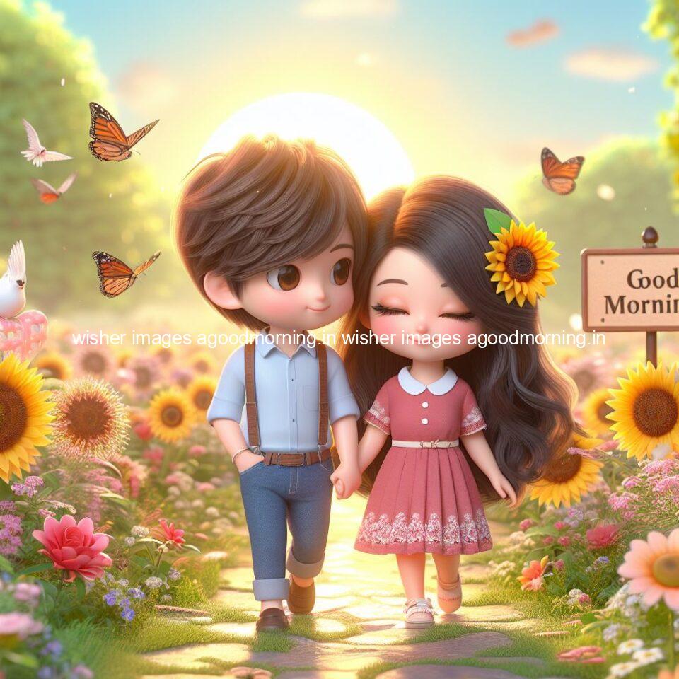 good morning couple images couple is walking in garden with all around flowers are placed with butterfly morning vibes ()