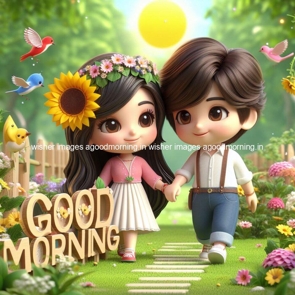 good morning couple images couple is walking in garden with all around flowers are placed with butterfly morning vibes ()