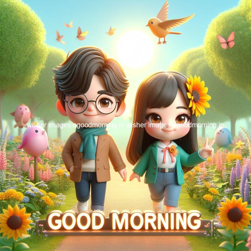 good morning couple images couple is walking in garden with all around flowers are placed with butterfly morning vibes ()