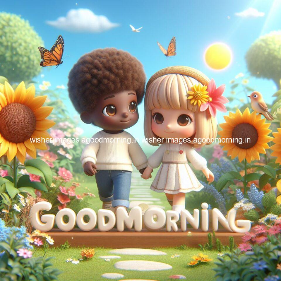 good morning couple images couple is walking in garden with all around flowers are placed with butterfly morning vibes ()