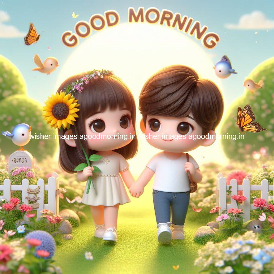 good morning couple images couple is walking in garden with all around flowers are placed with butterfly morning vibes ()