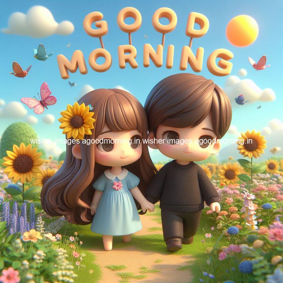 good morning couple images couple is walking in garden with all around flowers are placed with butterfly morning vibes ()