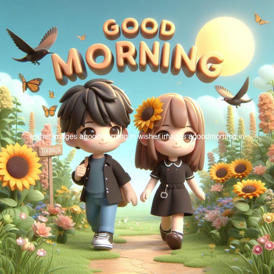 good morning couple images couple is walking in garden with all around flowers are placed with butterfly morning vibes ()