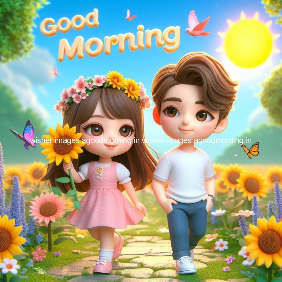 good morning couple images couple is walking in garden with all around flowers are placed with butterfly morning vibes ()