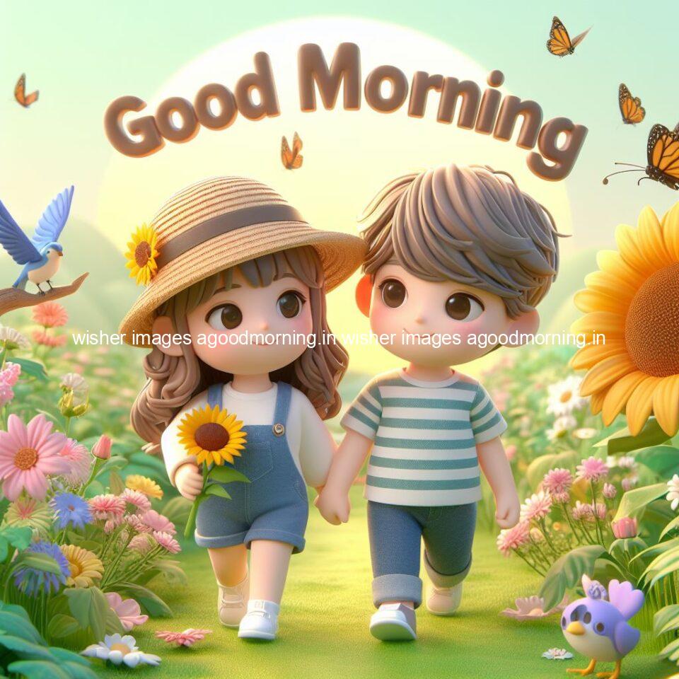 good morning couple images couple is walking in garden with all around flowers are placed with butterfly morning vibes ()