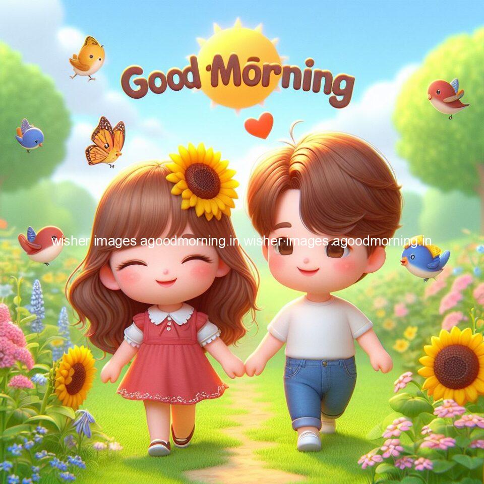 good morning couple images couple is walking in garden with all around flowers are placed with butterfly morning vibes ()