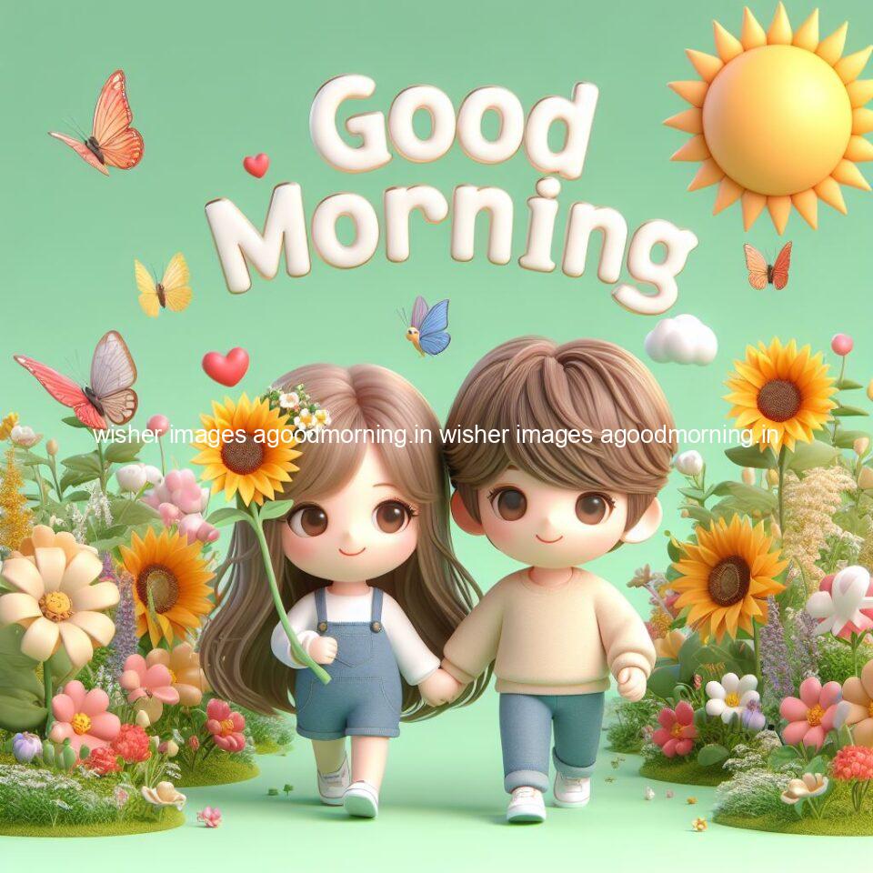 good morning couple images couple is walking in garden with all around flowers are placed with butterfly morning vibes ()