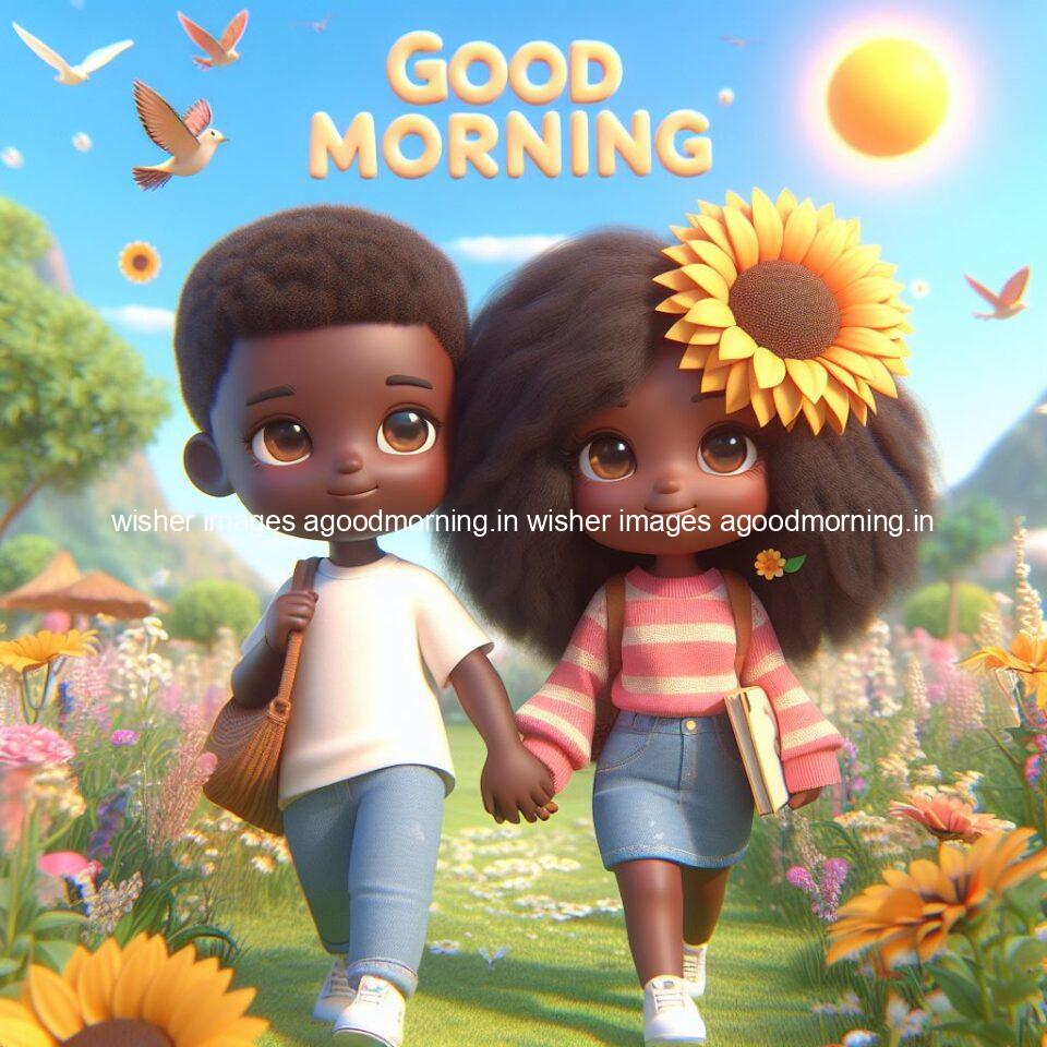 good morning couple images couple is walking in garden with all around flowers are placed with butterfly morning vibes ()