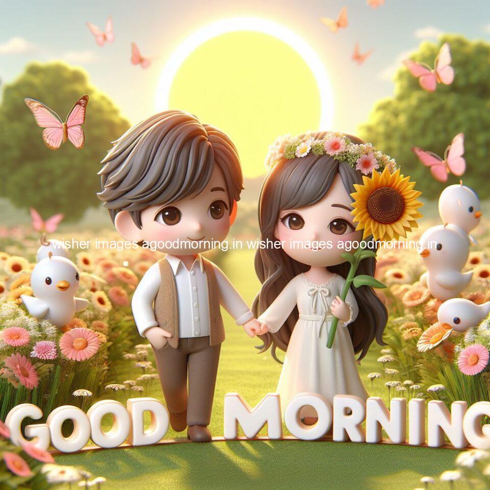 good morning couple images couple is walking in garden with all around flowers are placed with butterfly morning vibes ()