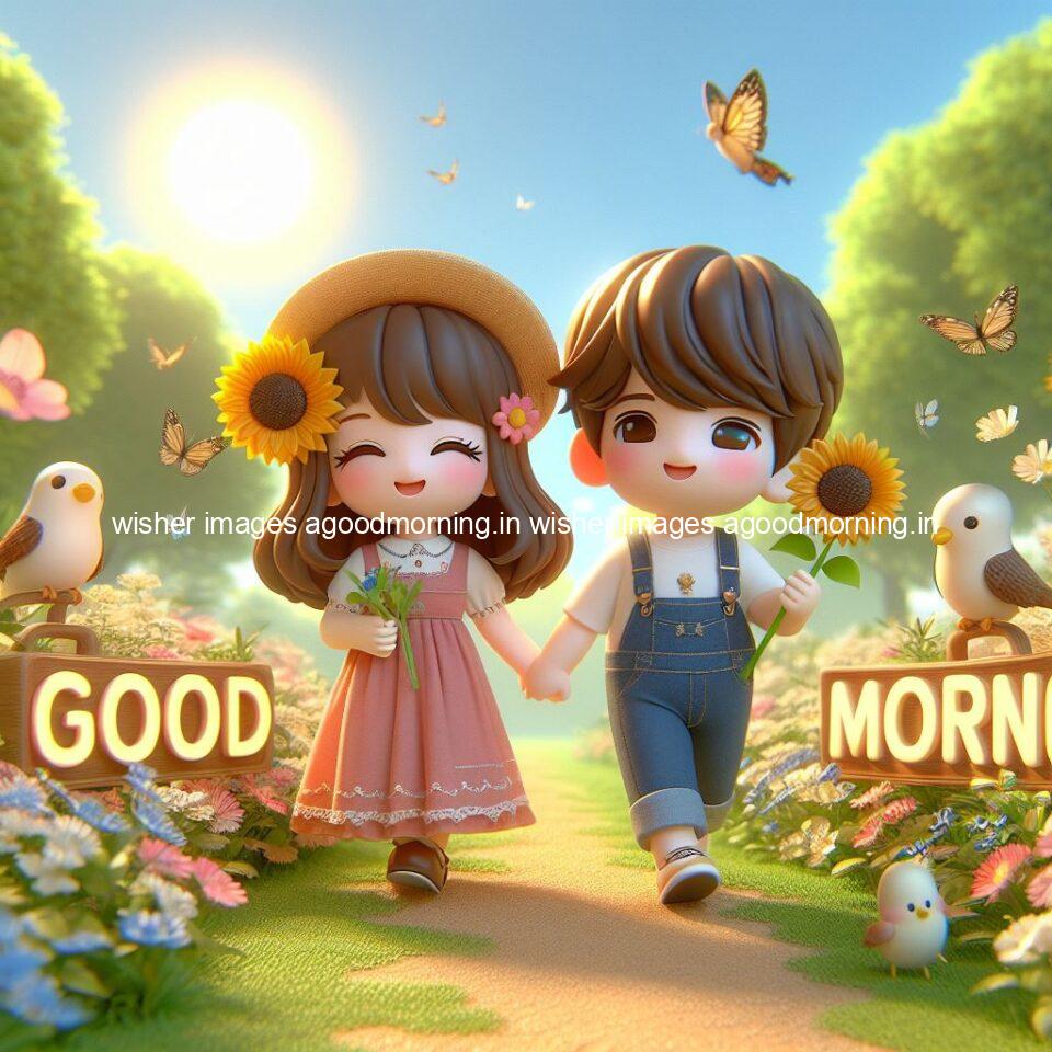 good morning couple images couple is walking in garden with all around flowers are placed with butterfly morning vibes ()