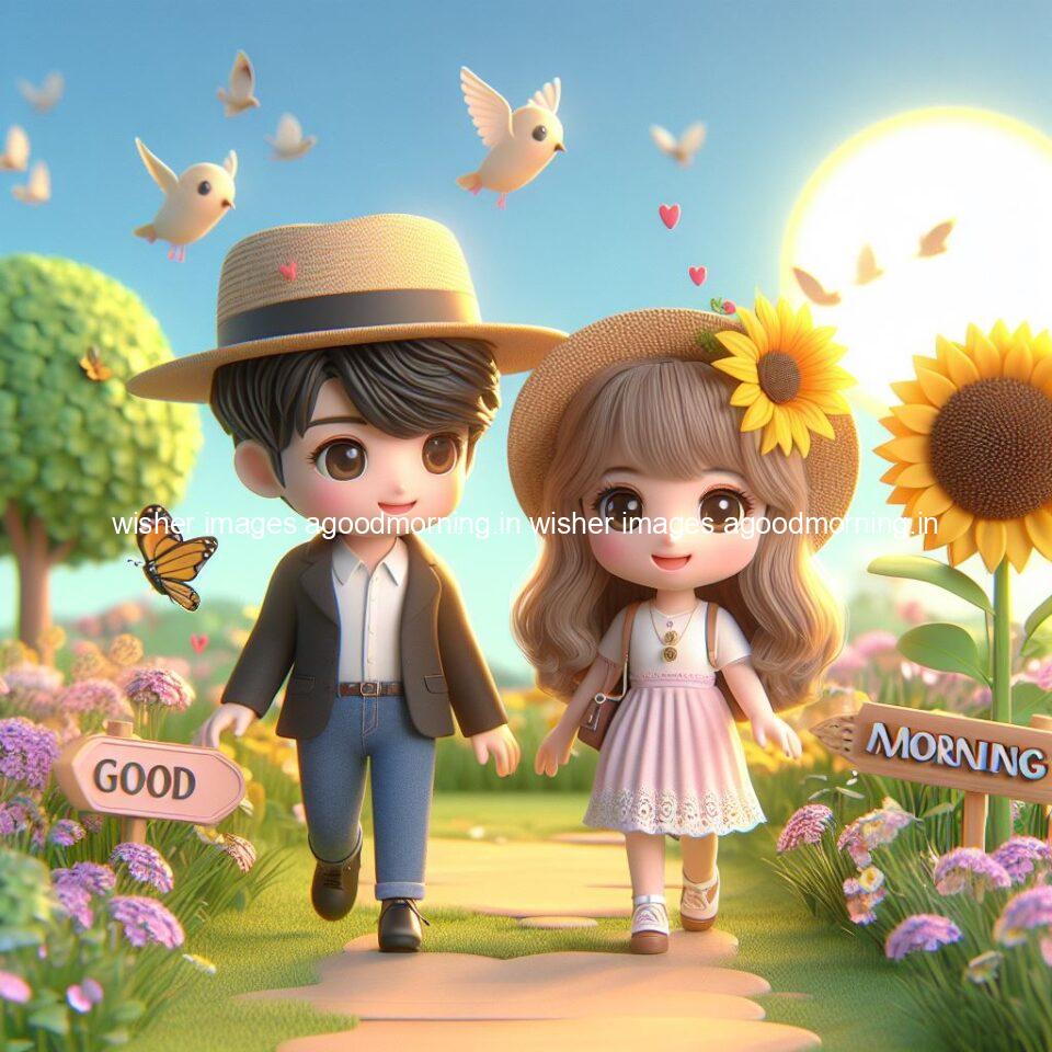 good morning couple images couple is walking in garden with all around flowers are placed with butterfly morning vibes ()