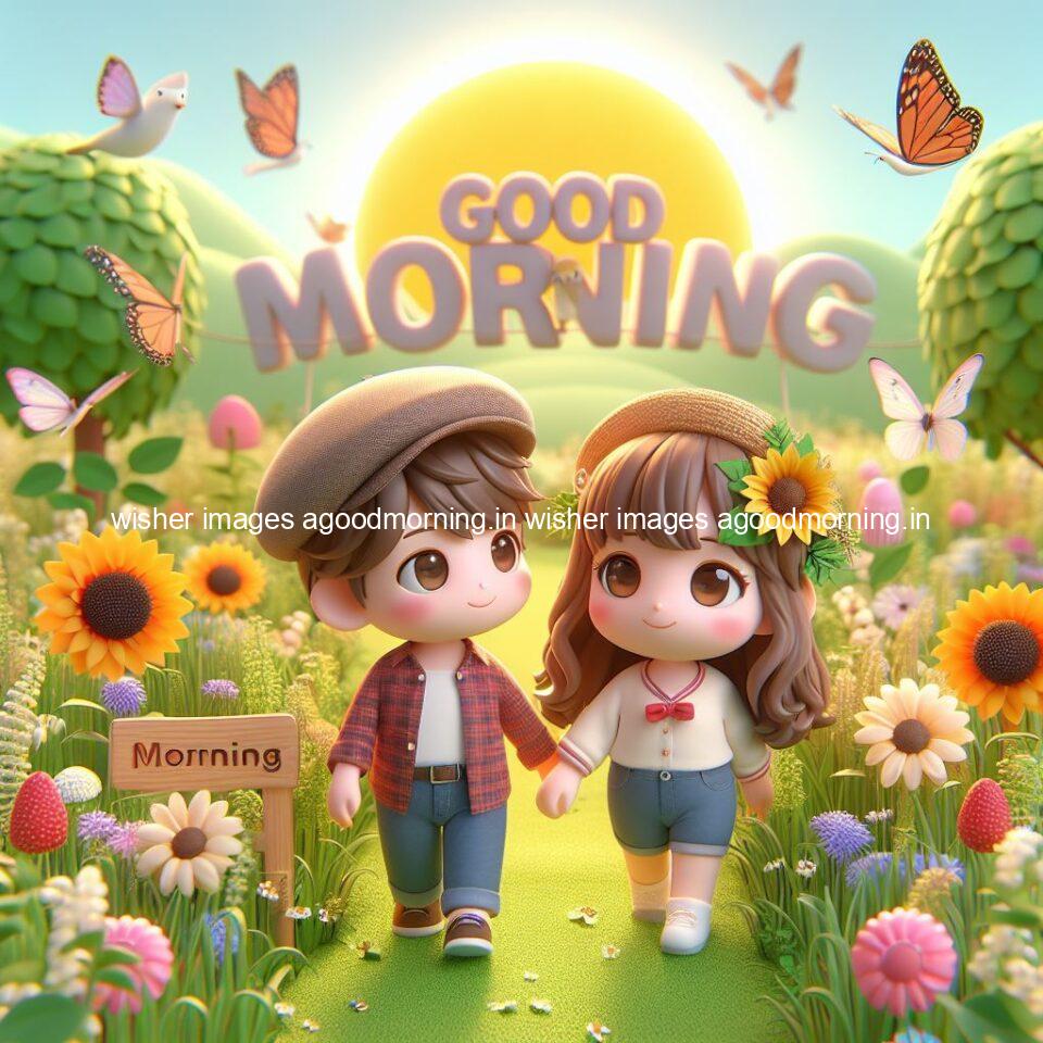 good morning couple images couple is walking in garden with all around flowers are placed with butterfly morning vibes ()