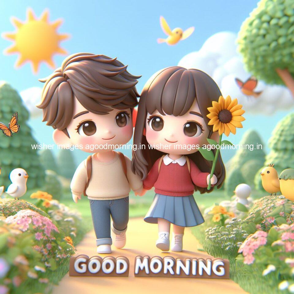 good morning couple images couple is walking in garden with all around flowers are placed with butterfly morning vibes ()