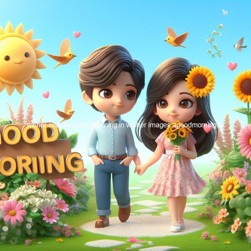 good morning couple images couple is walking in garden with all around flowers are placed with butterfly morning vibes ()