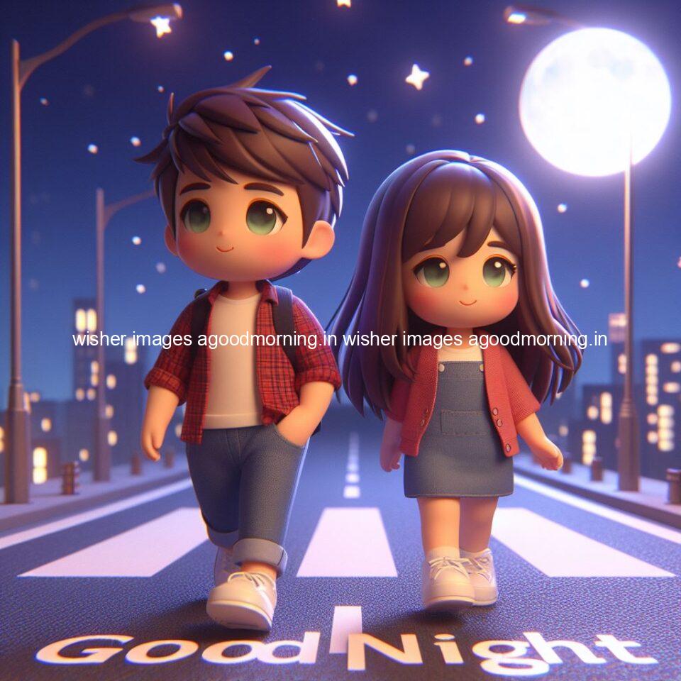 good night couple image with behind the beautifull moon the couple is walking in road with good night ()