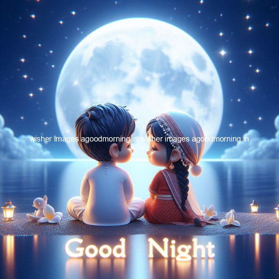 good night couple image with behind the beautifull moon the couple is walking in road with good night ()