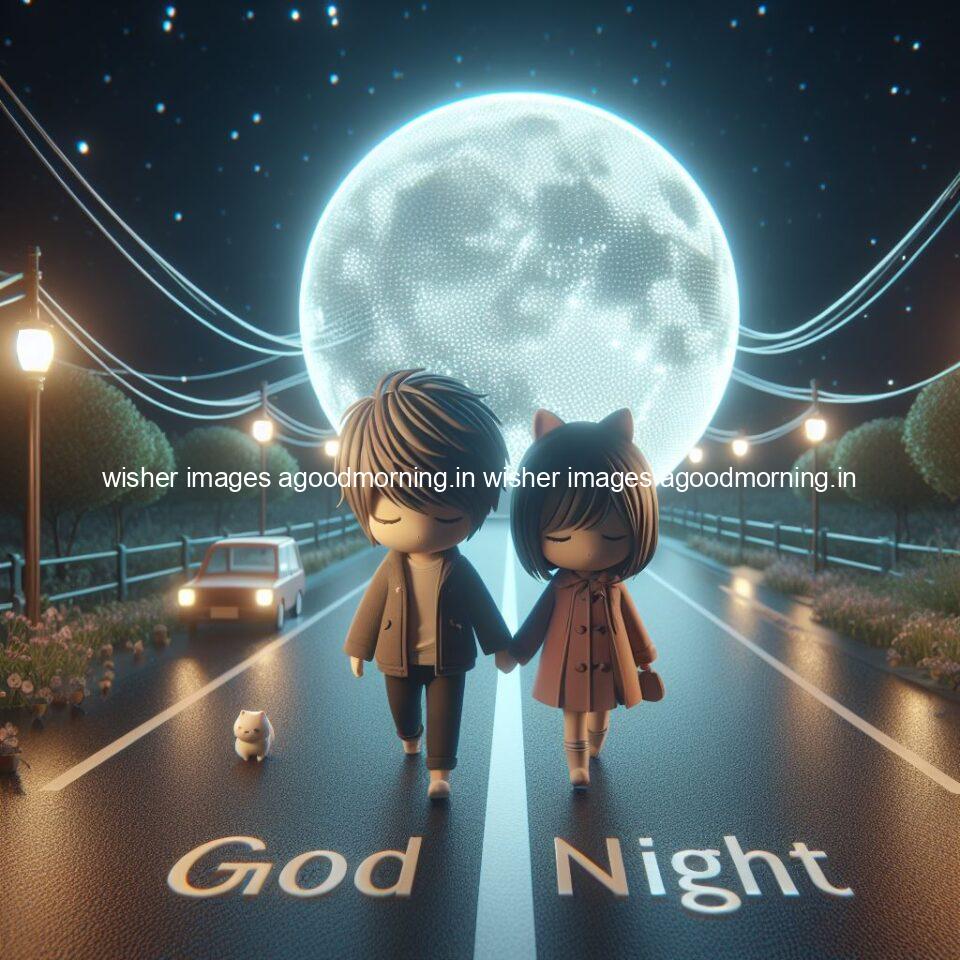 good night couple image with behind the beautifull moon the couple is walking in road with good night ()