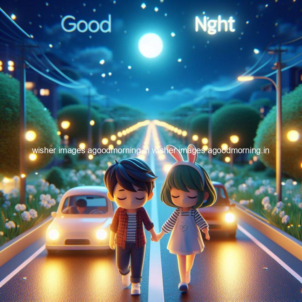 good night couple image with behind the beautifull moon the couple is walking in road with good night ()